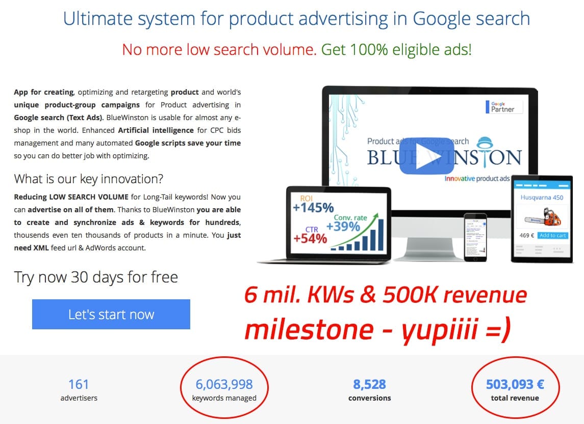 Next bluewinston milestone is here - more than 500K euros of total revenue for our e-commerce clients who want to advertise their products in Google search