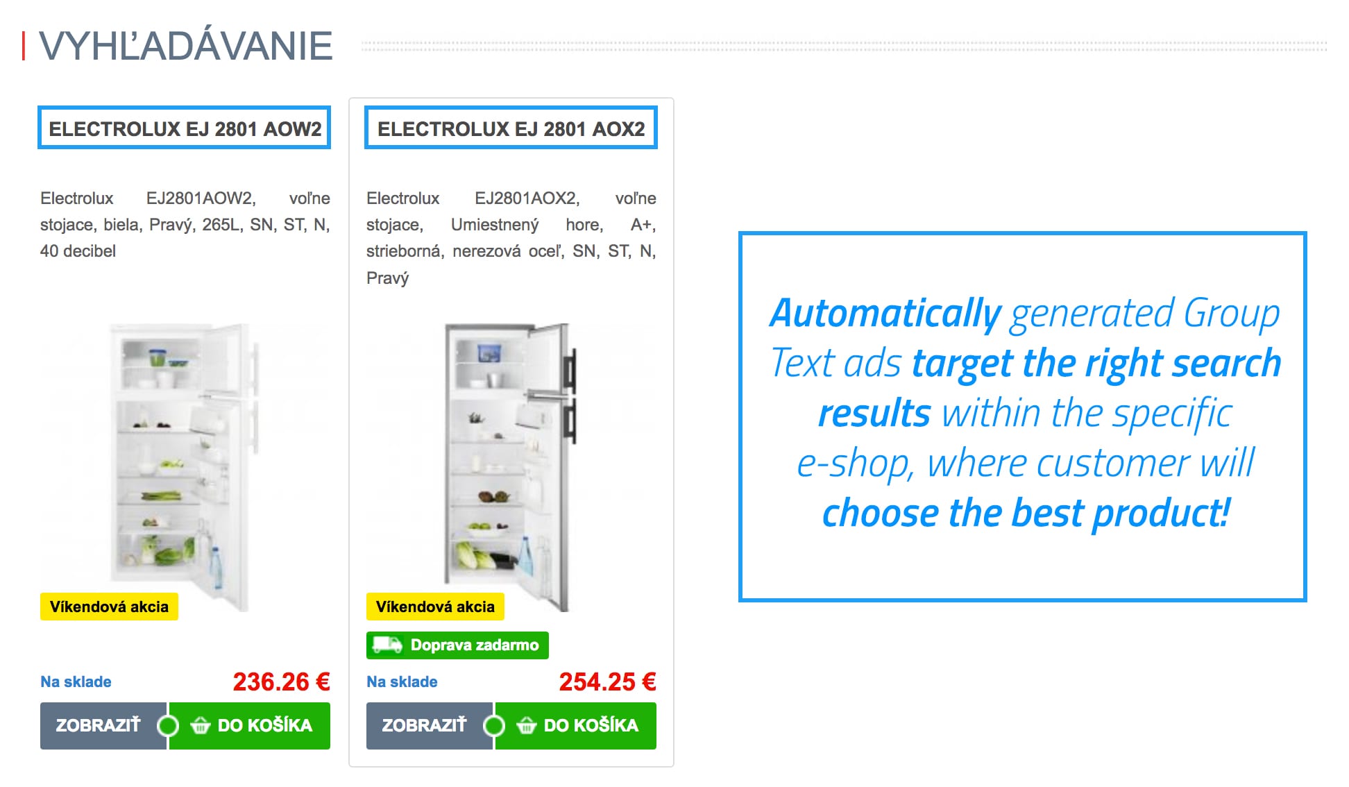 Automatically generated Product-Group Text ads will target the right fulltext search results within eshop, where customer will choose the best product
