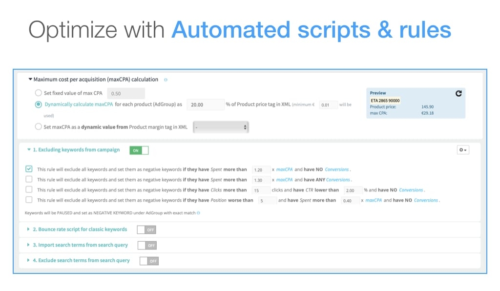 Google scripts and automated rules for Google Ads campaigns keywords optimization