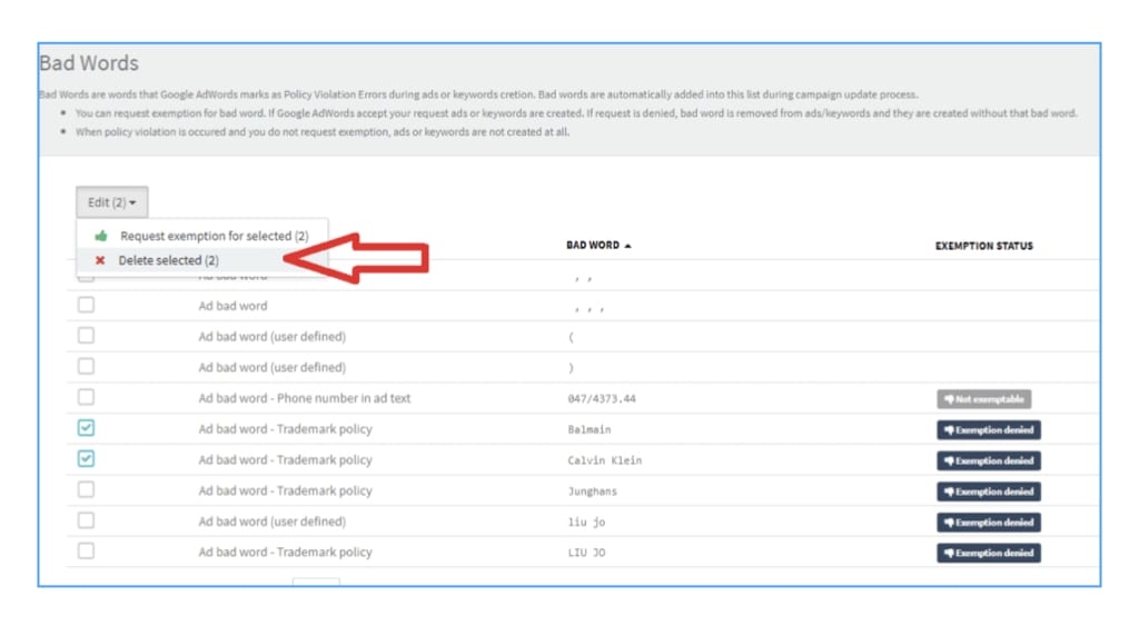 Automated troubleshooting of restricted disallowed words in Google Ads account