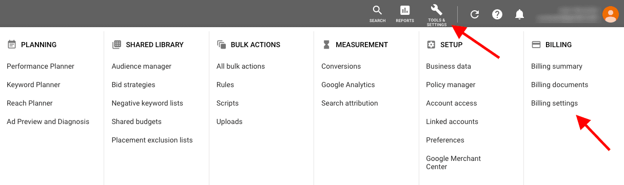 Google Ads Billing settings
