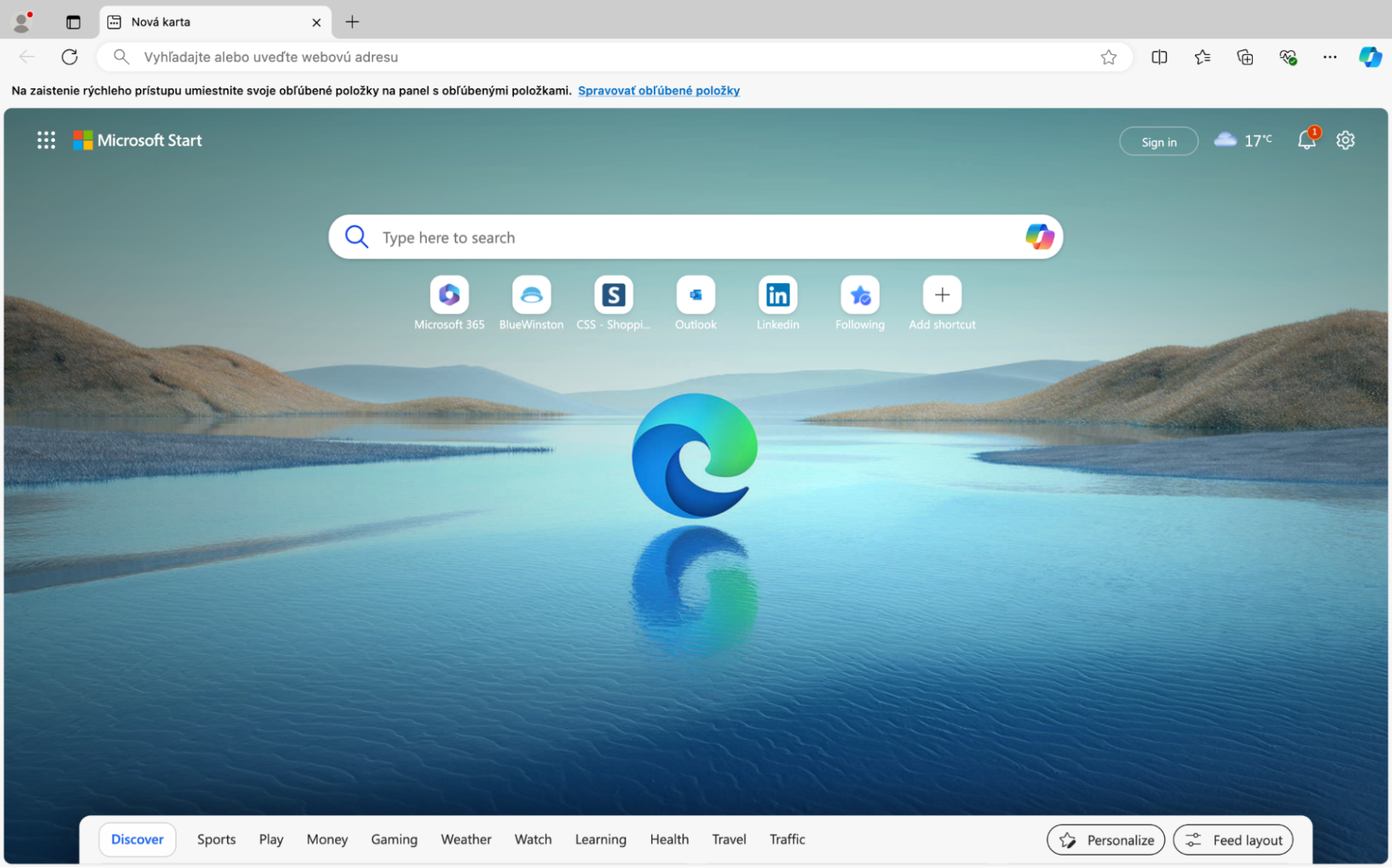Screenshot of Microsoft Edge homepage