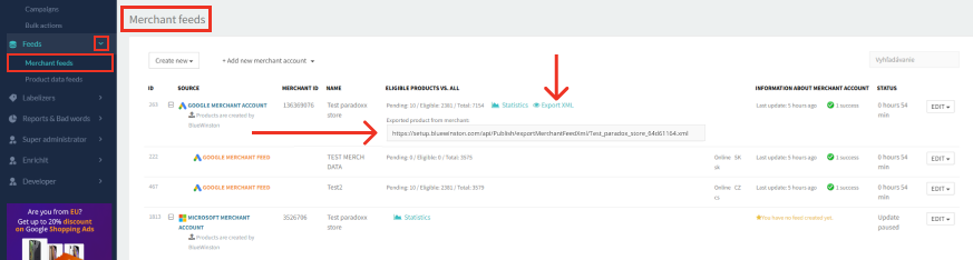 BlueWinston tool interface with Merchant Feeds option